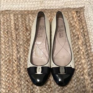 Cream and Black size 10.5 Ferragamo Flats